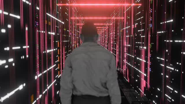 男人通过数据中心与服务器机架LED灯视频素材