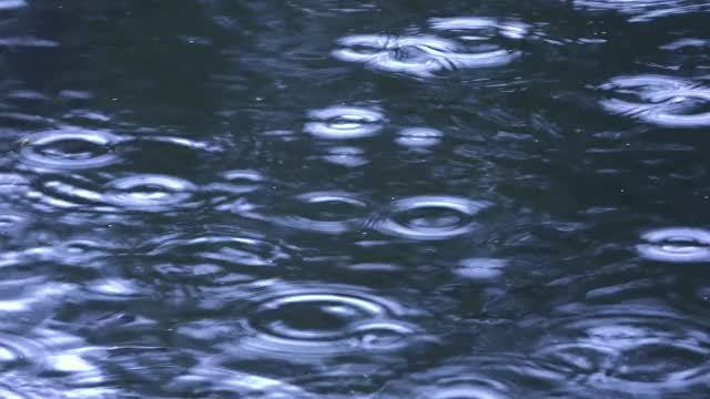 雨滴落下，在水面上留下圆圈。视频素材