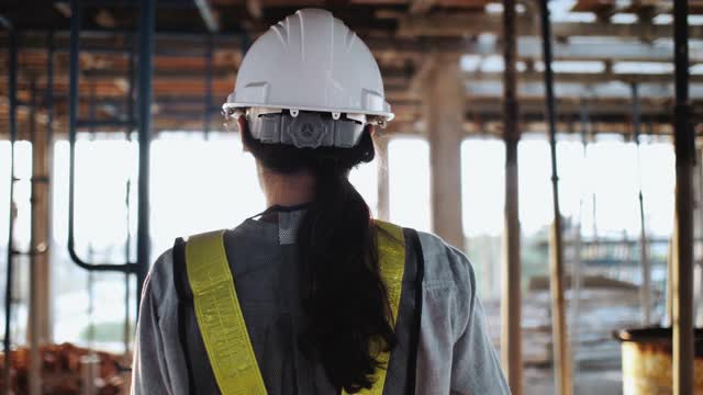 女工程师在施工现场使用数字板进行结构检查视频下载