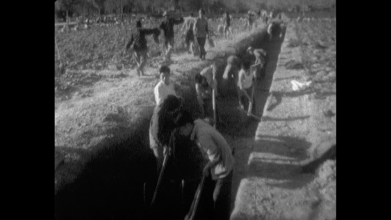 人们在建筑工地上用鹤嘴锄挖沟渠;1964视频下载