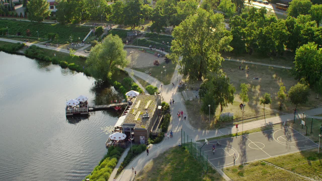 维斯瓦大道和儿童游乐场。无人机拍摄的华沙城市海滩视频素材