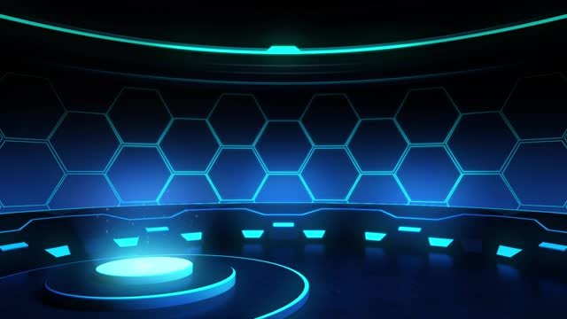 3d动画，圆形领奖台在蓝色灯光光线，运动概念，可循环视频素材