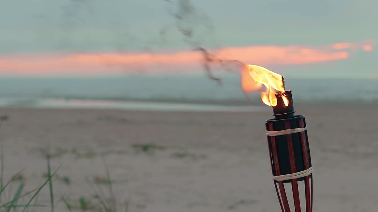 在海滩上燃烧的竹火炬视频素材