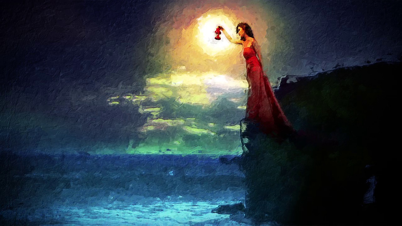 拿着灯站在岩石上的女人。动画绘画效果。视频素材