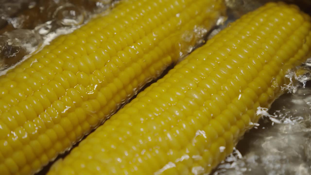 缓慢的运动。熟透的玉米穗放在沸水里，以增进健康。热锅里的黄色玉米。近距离视频素材
