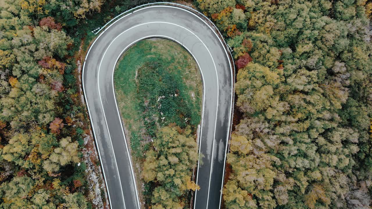 蜿蜒的道路穿过一片森林，汽车急转弯视频素材