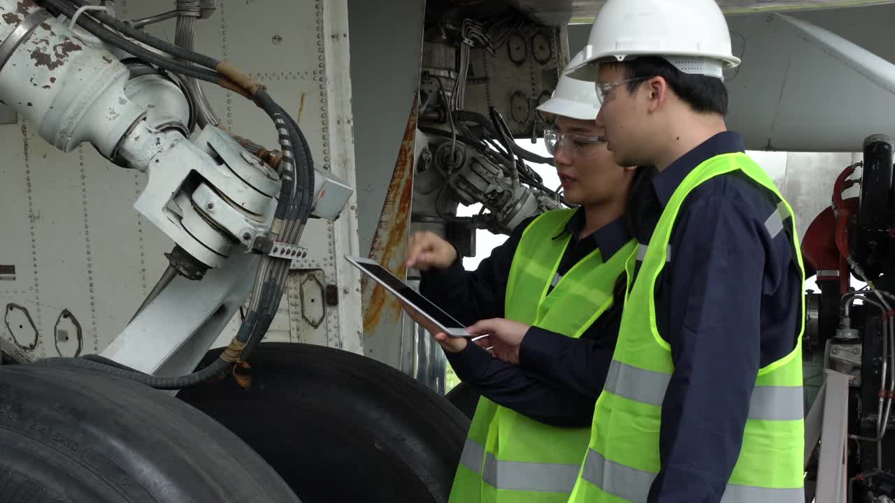 飞机维修机械工程师在机库对喷气发动机进行分析、检查和工作。视频下载