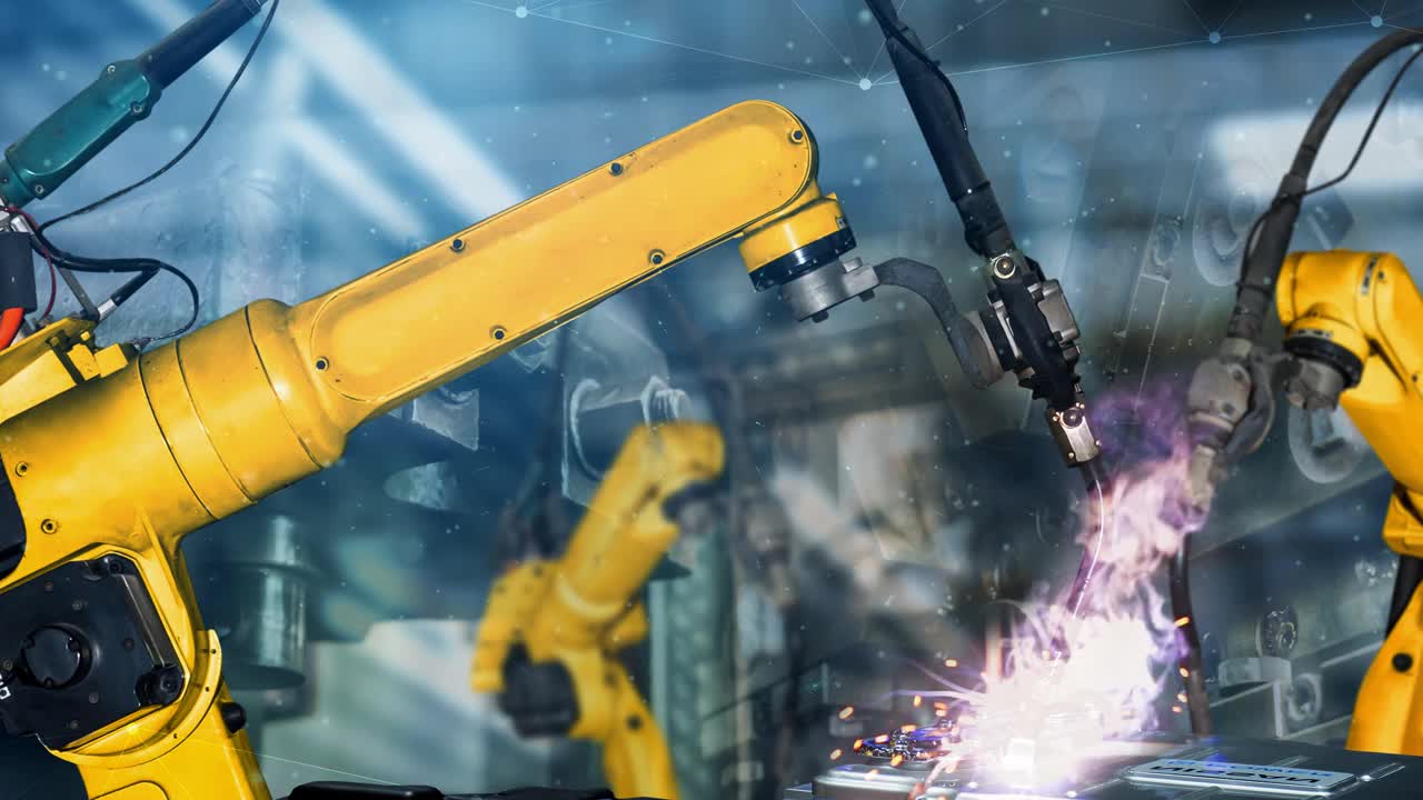智能工业机器人手臂现代化为数字化工厂技术视频素材
