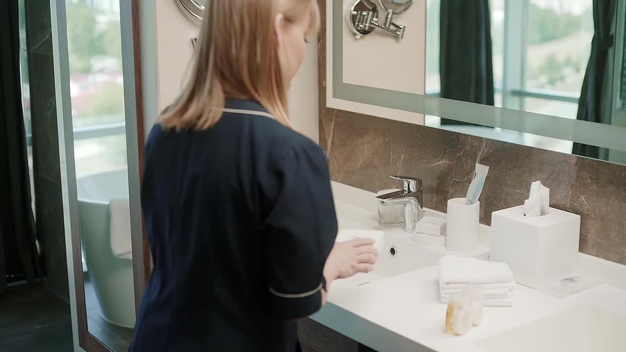 管家在浴室的洗手盆里整理洗发水瓶子视频下载