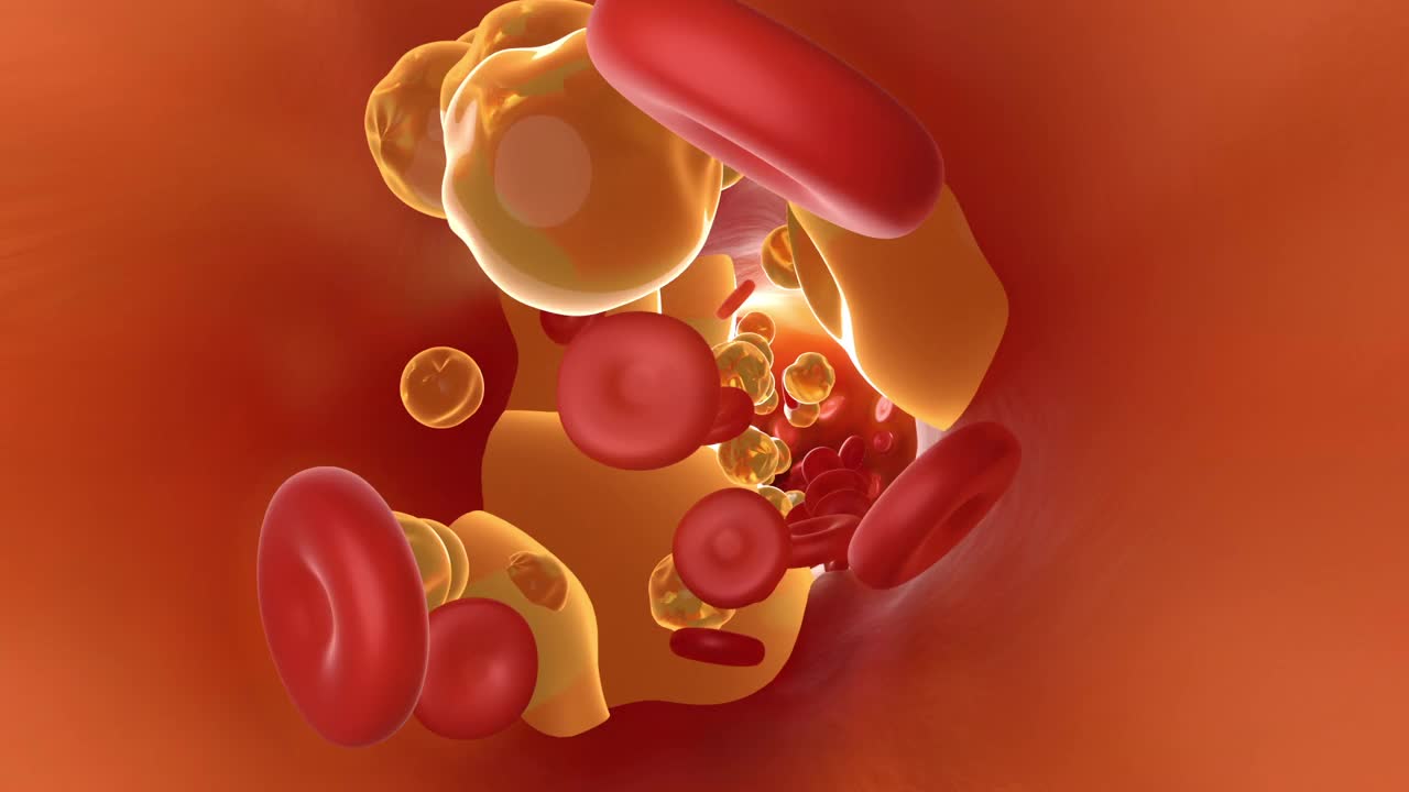 胆固醇在有血红蛋白细胞的血管中流动的三维动画视频下载