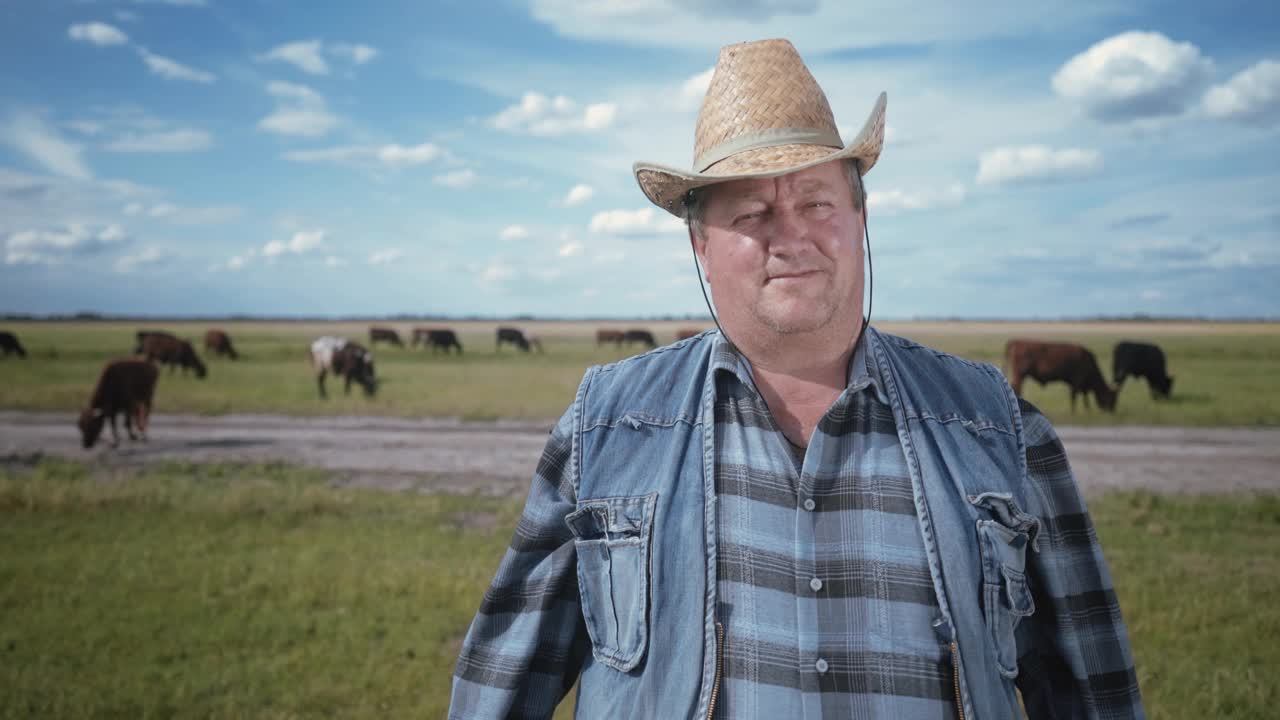 一个戴着牛仔帽和牛仔布的牧场主。一个牧羊人在被奶牛包围的田地里。农业。视频下载