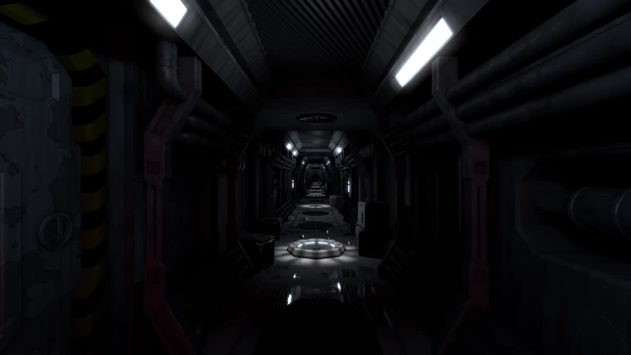带有疏散警报的恐怖科幻宇宙飞船走廊。3 d渲染。视频素材