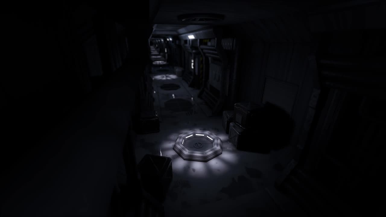 恐怖空旷的科幻飞船走廊，还有疏散警报。视频素材