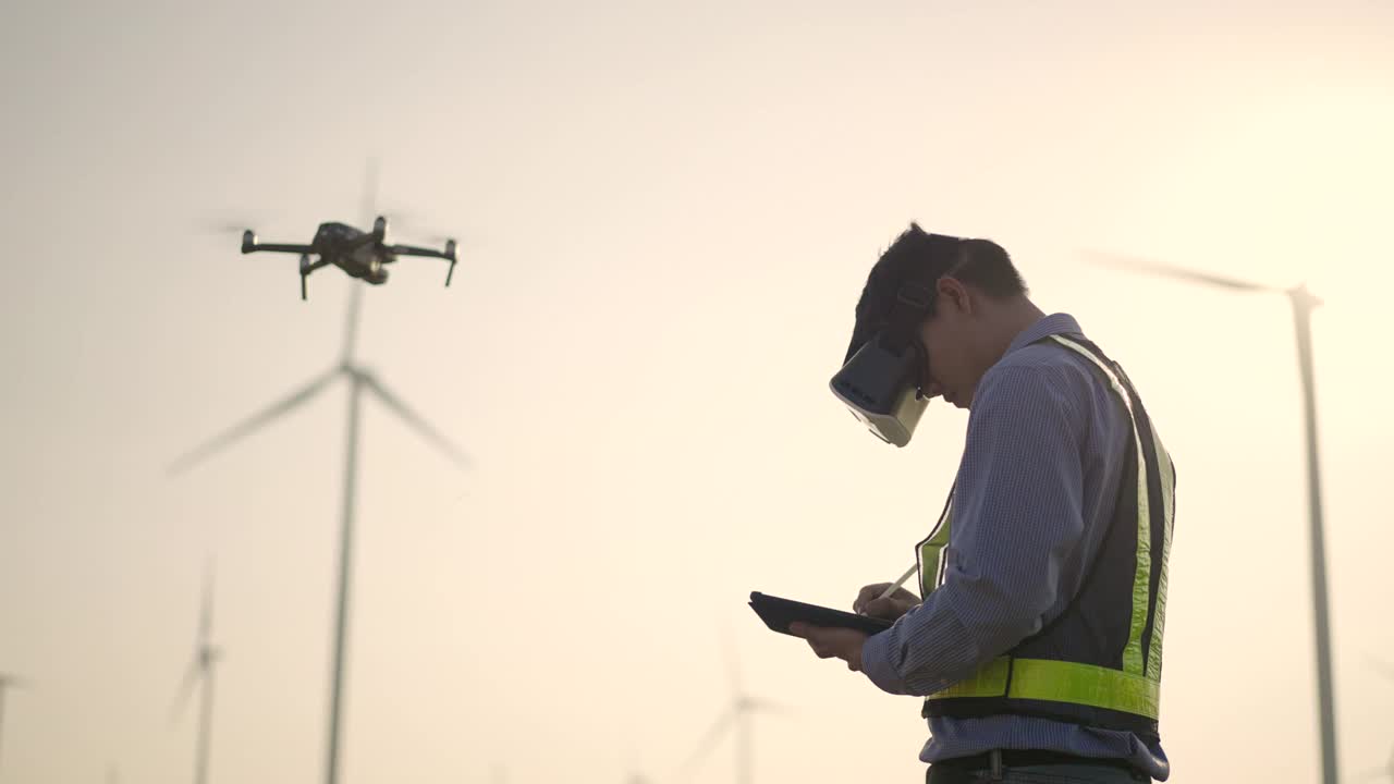 年轻男性工程师在亚子集的风力发电站工作，用VR眼镜操控无人机飞行视频下载
