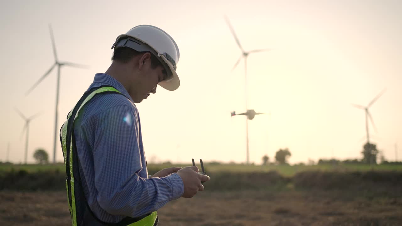 年轻男性工程师控制无人机在亚子集的风力发电站工作视频素材