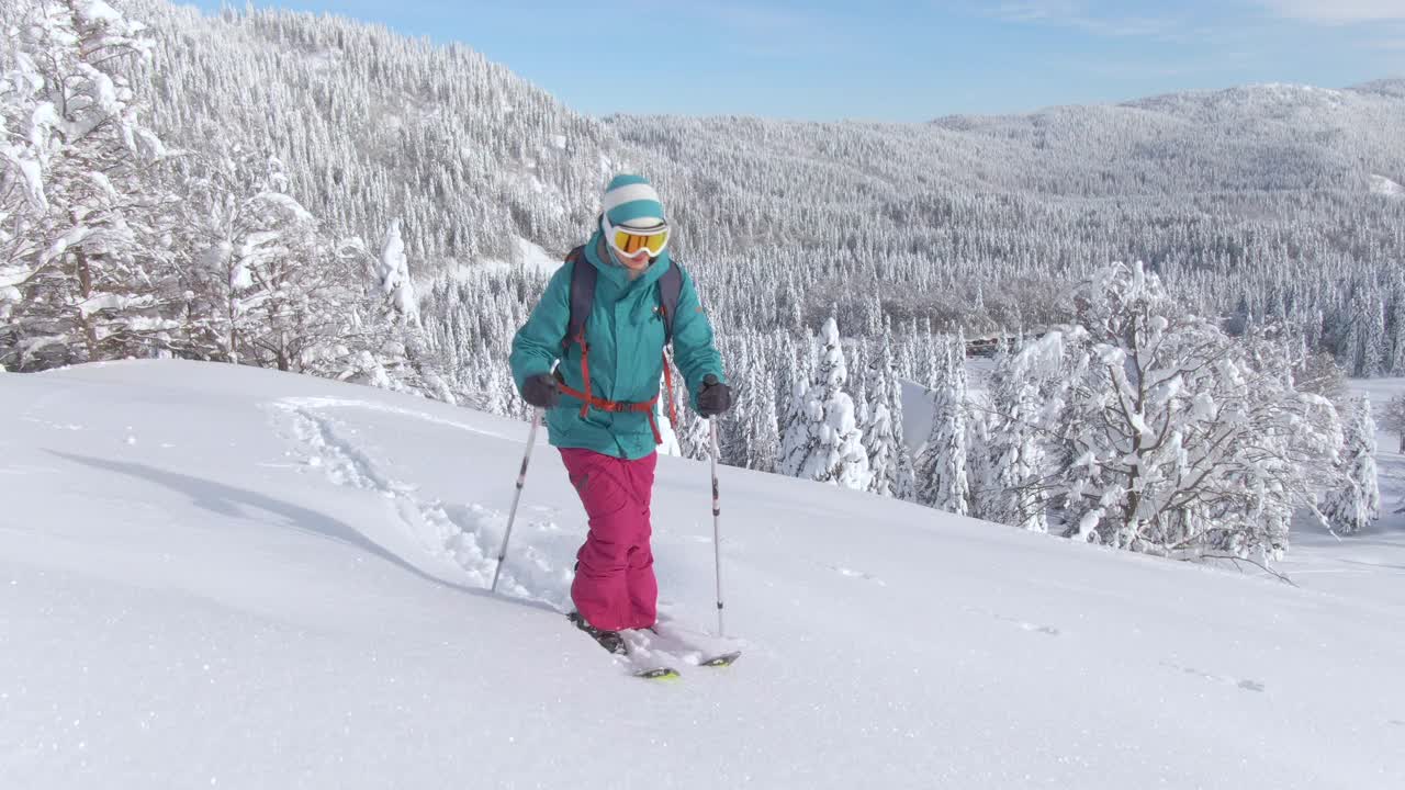 特写:女游客在朱利安阿尔卑斯山滑雪旅游，爬上一座雪山。视频下载