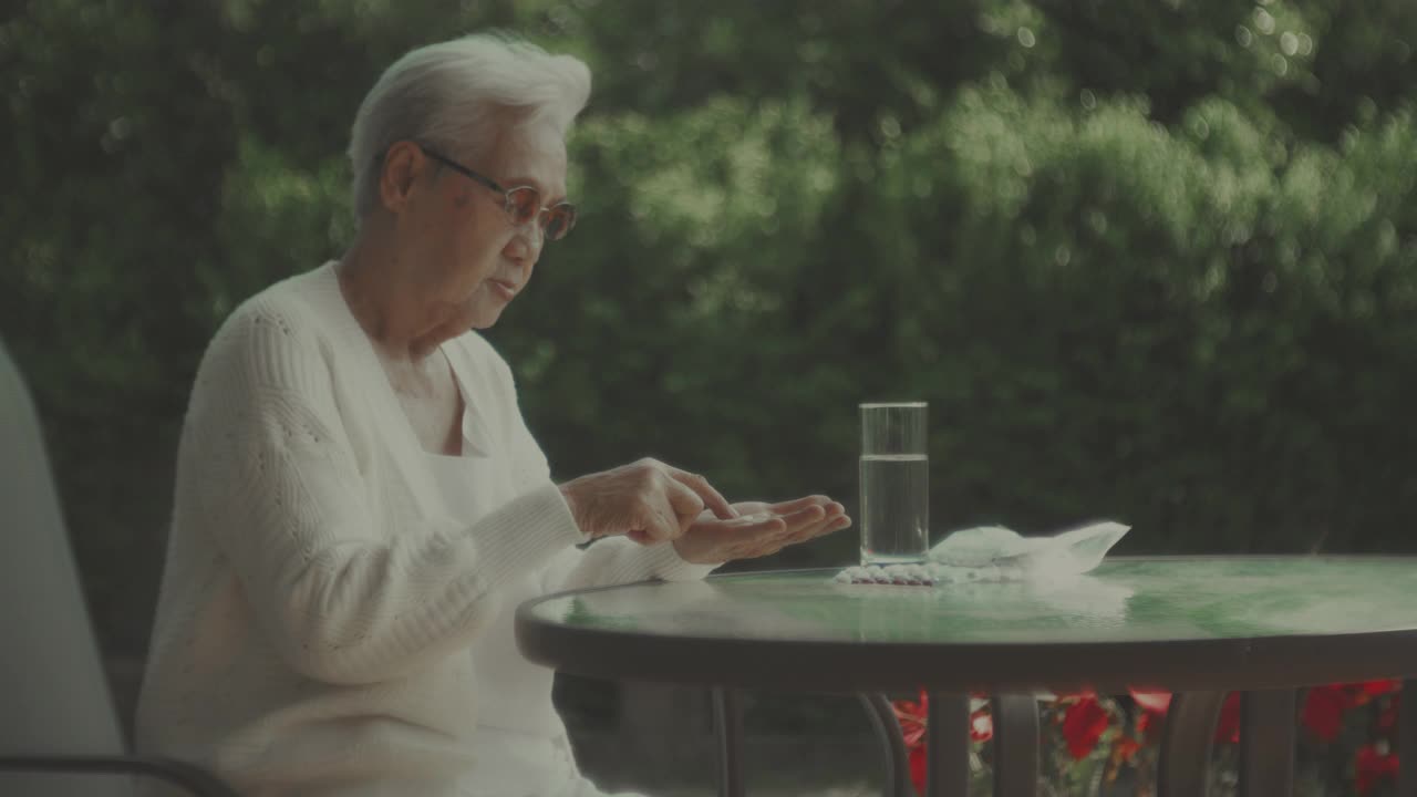 老妇人从药袋里取药视频素材