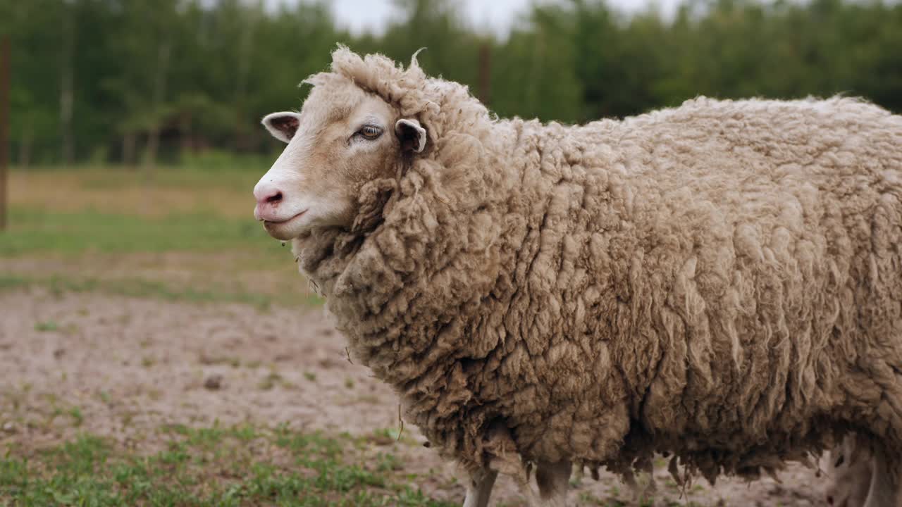 一只羊在农场的草地上吃草视频下载