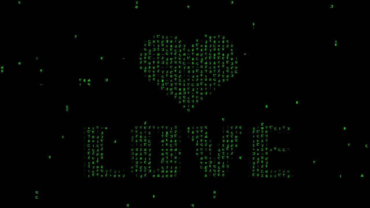字爱和心符号用数字二进制代码在黑屏上显示视频素材