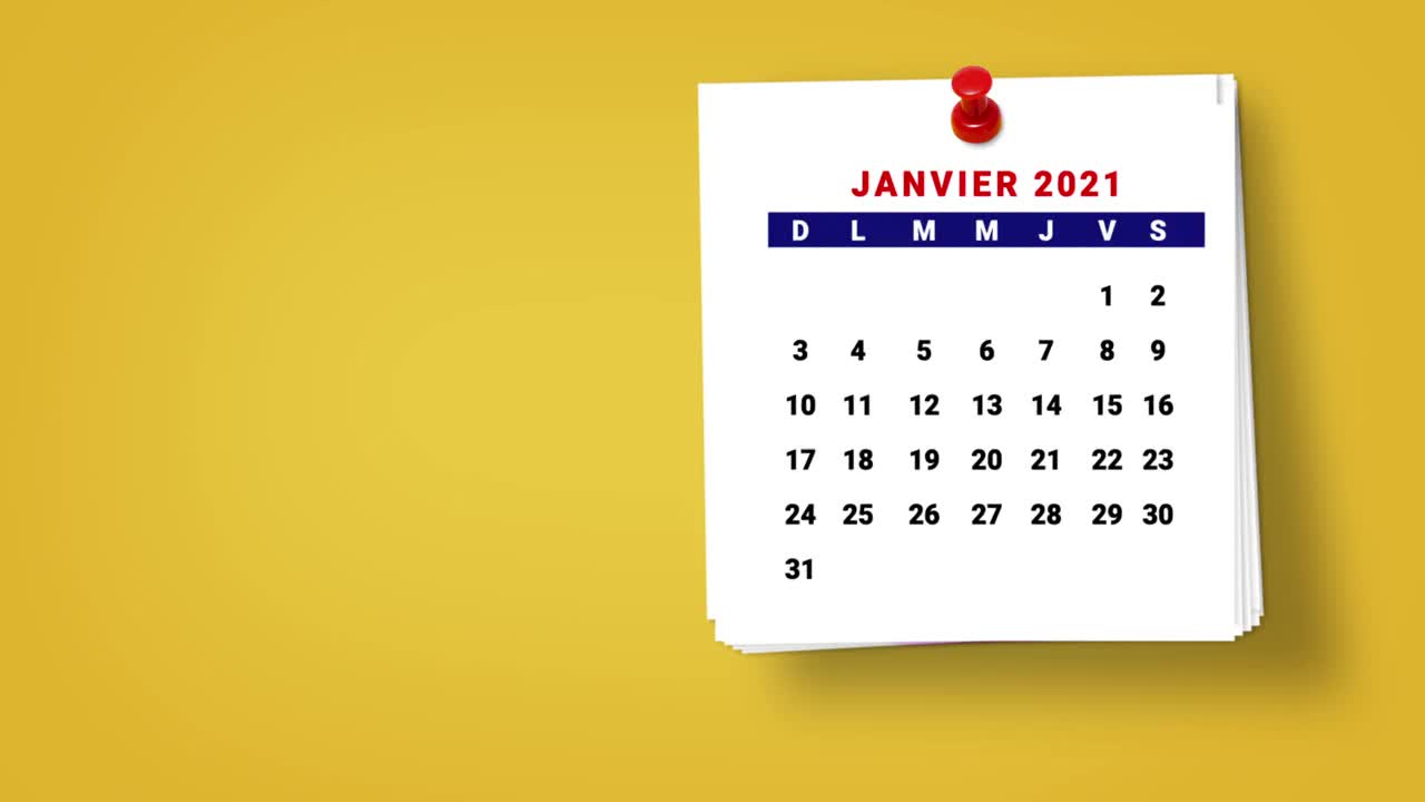 2021年法国日历倒计时1月到7月。法国日历2021年1月至7月视频素材