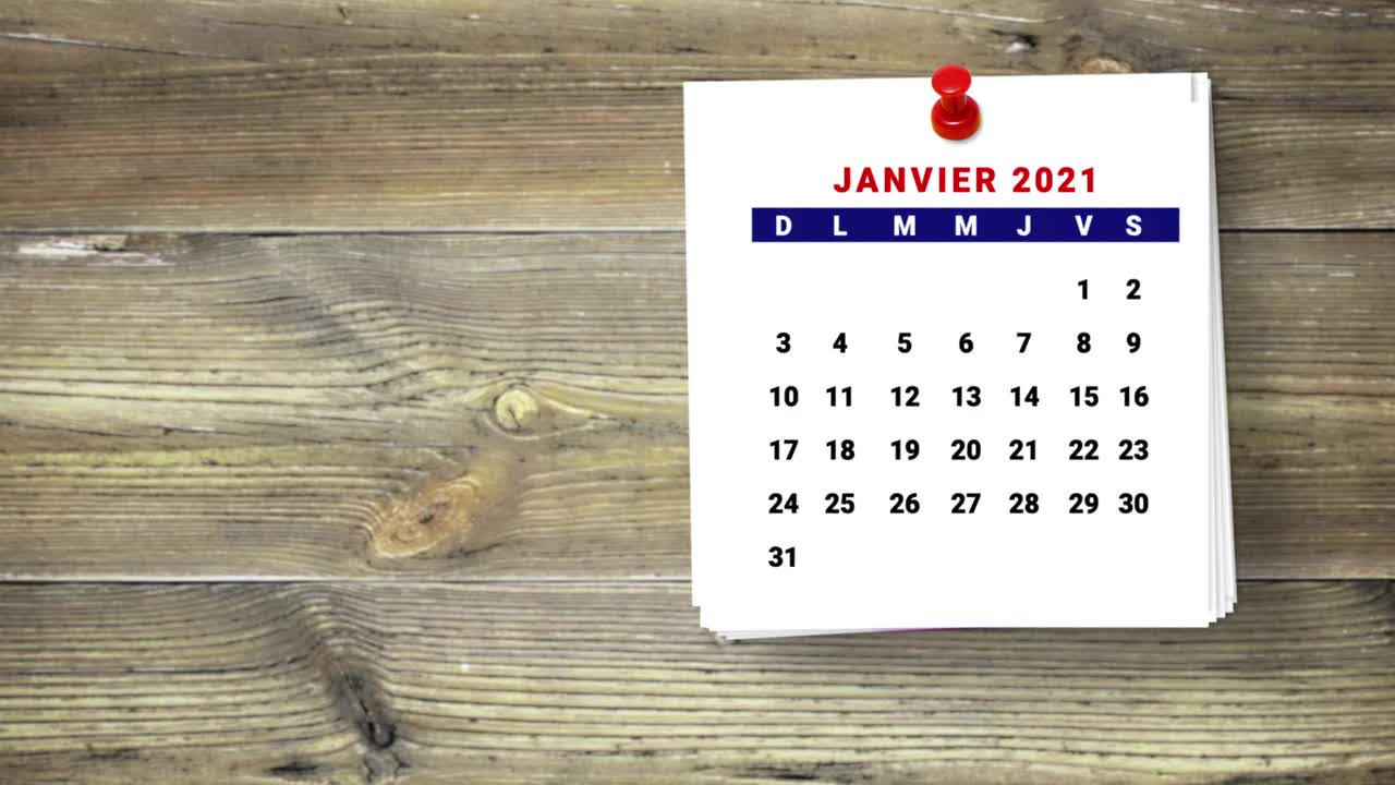 2021年法国日历倒计时1月到8月。法国日历2021年1月至8月视频素材