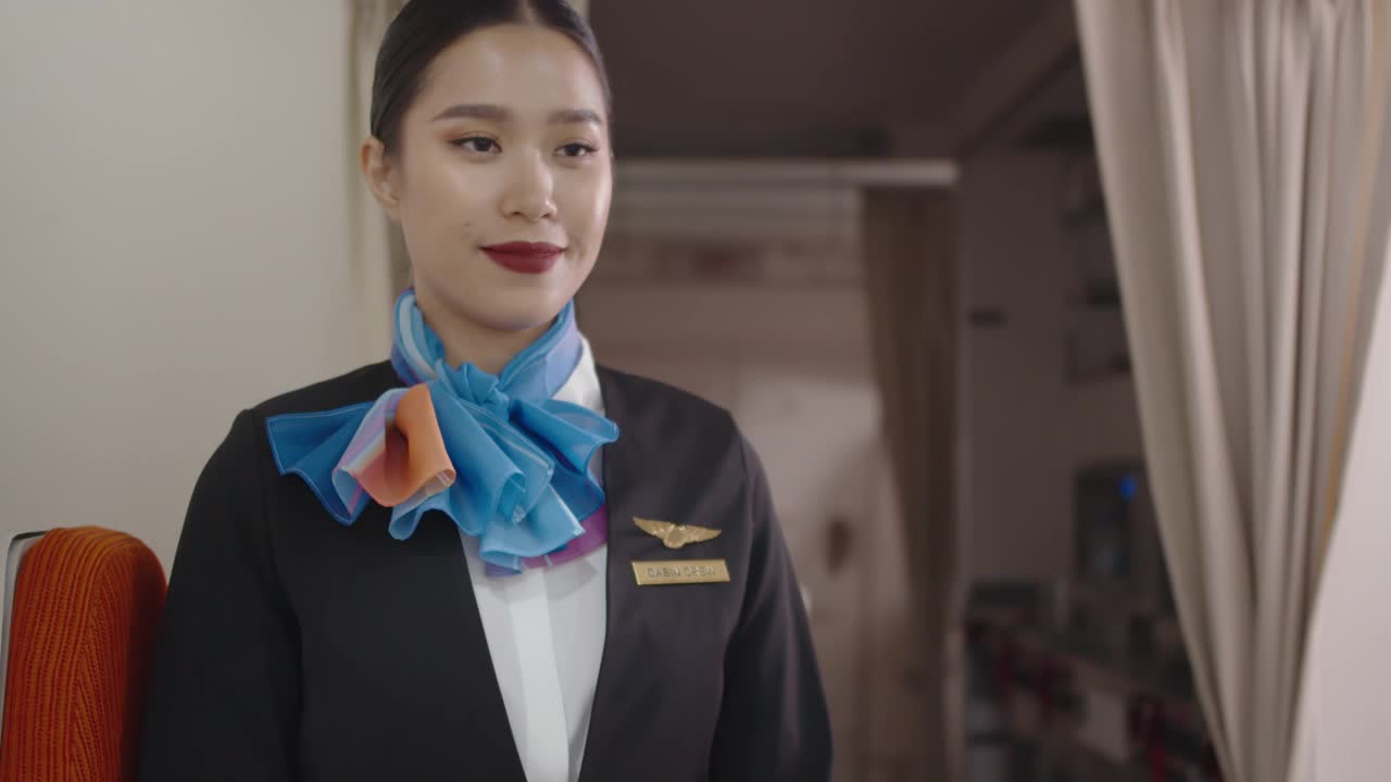 亚洲空乘人员微笑着看着镜头欢迎乘客视频下载