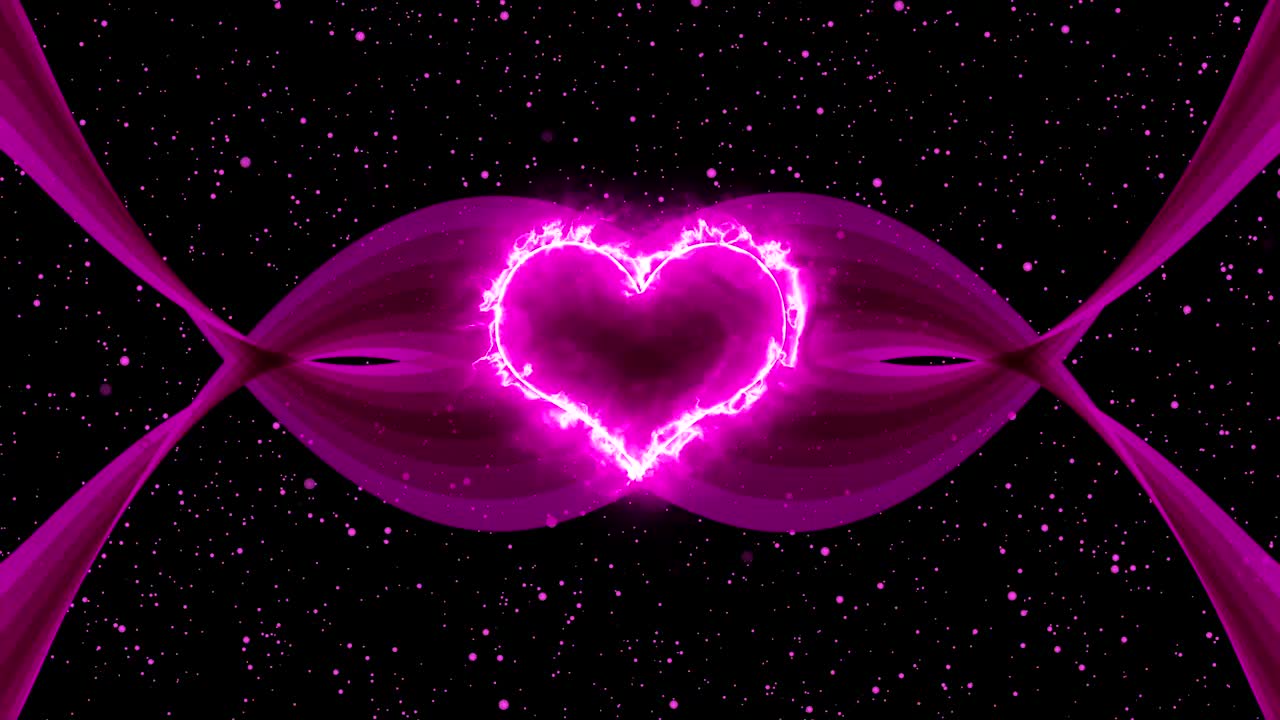 发光的情人心在移动的粉红色颗粒在黑色的背景视频素材