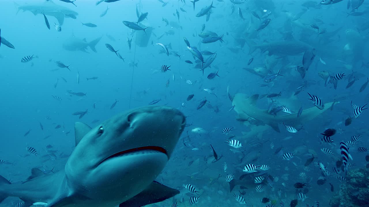 鲨鱼被带水肺潜水员用棍子戳，热带鱼在周围游来游去视频下载