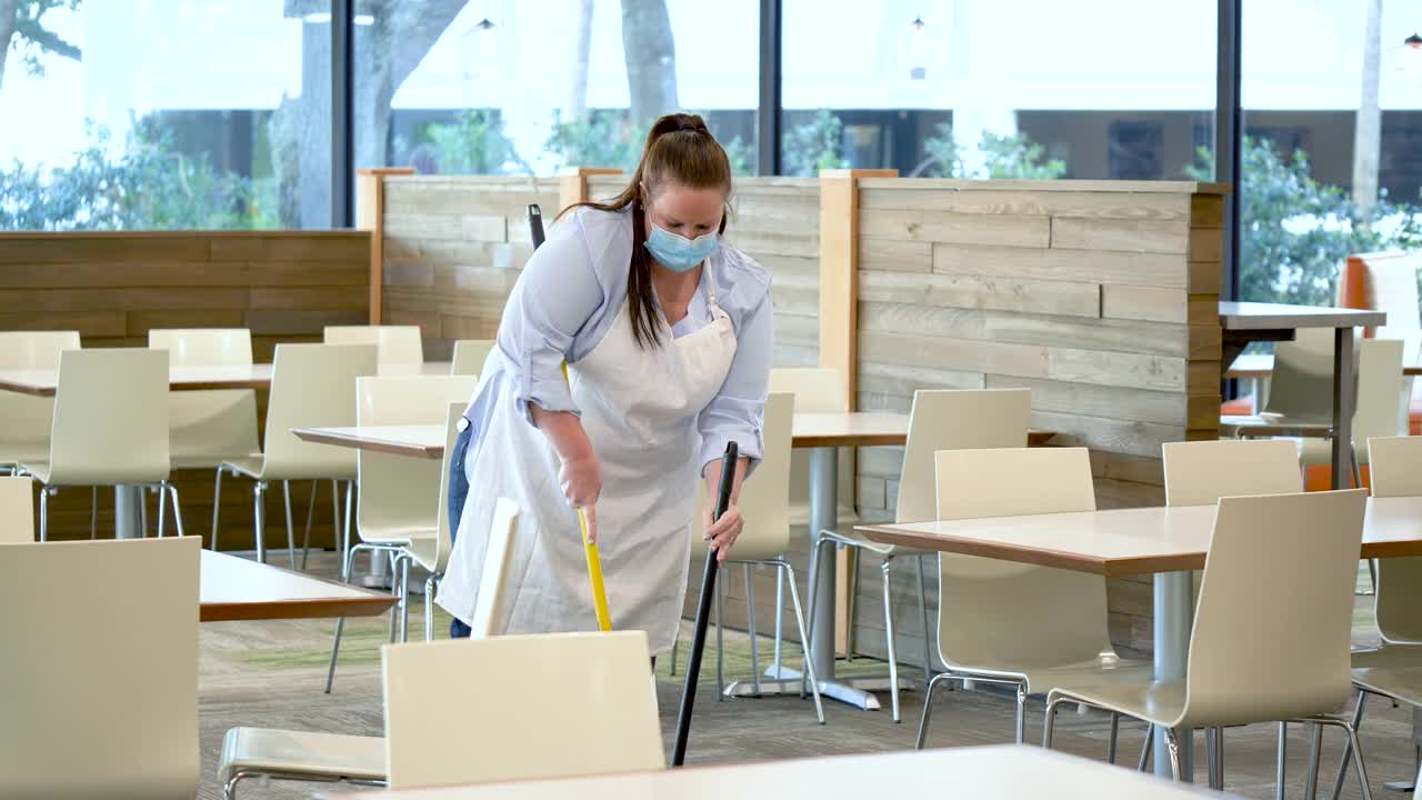 食堂工作人员扫地，戴口罩视频下载