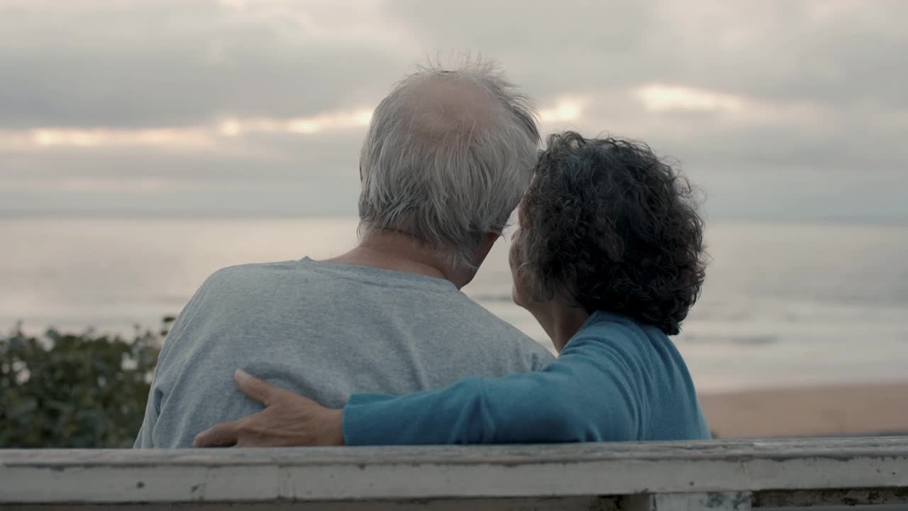 一对老年夫妇在海滩上看日落视频素材