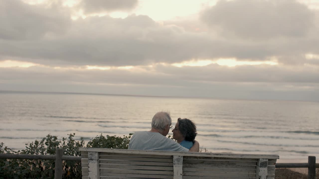 老年夫妇在海滩上互相抱着看海视频素材