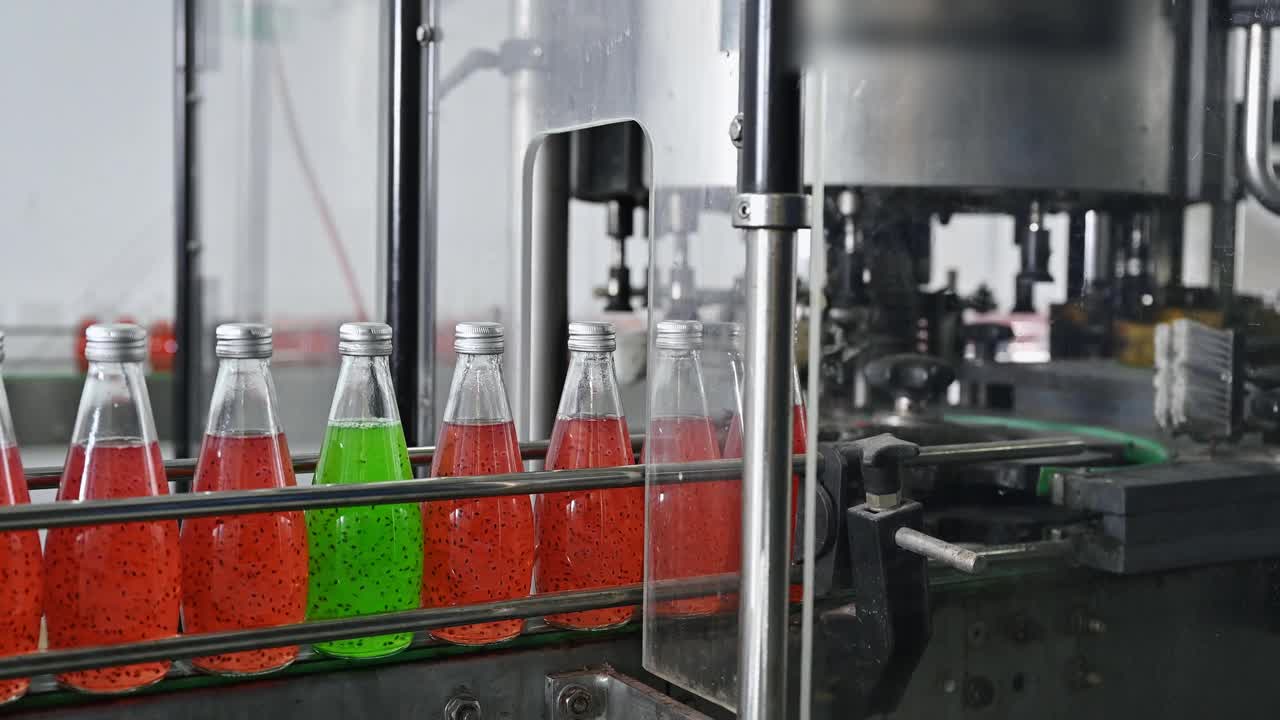 瓶装果汁饮料生产线和饮料加工厂的自动机器视频素材