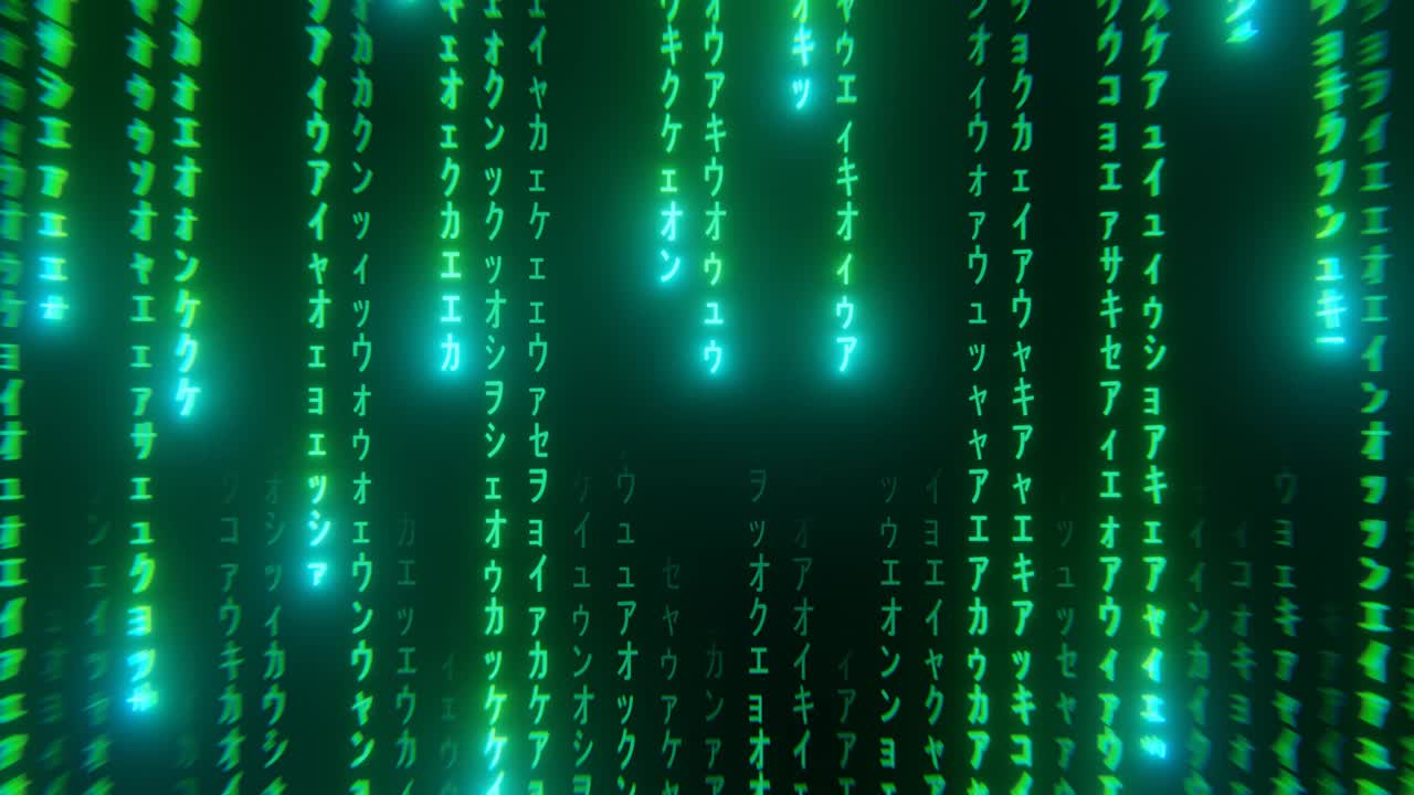 代码，二进制代码黑绿色背景与数字在屏幕上移动，数字时代的概念。算法二进制，数据编码，解密编码，行矩阵背景视频素材