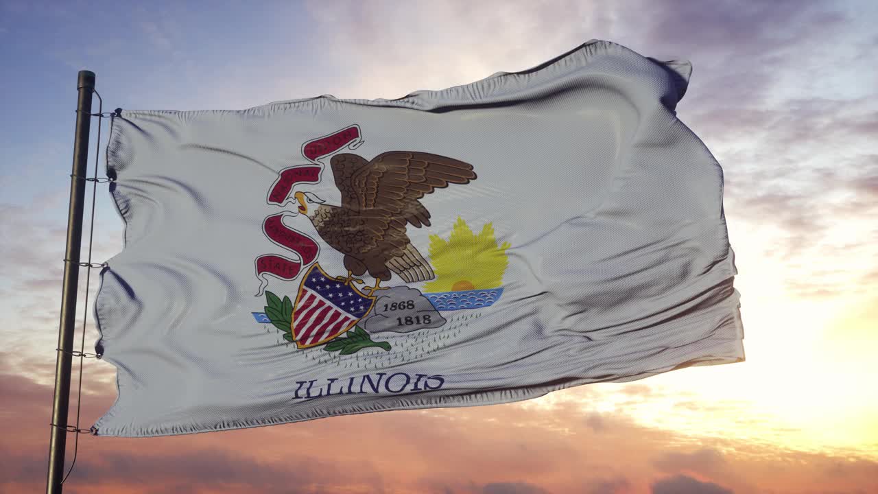 日落时分，伊利诺斯州的旗帜迎风飘扬，映衬着美丽的夜空视频下载