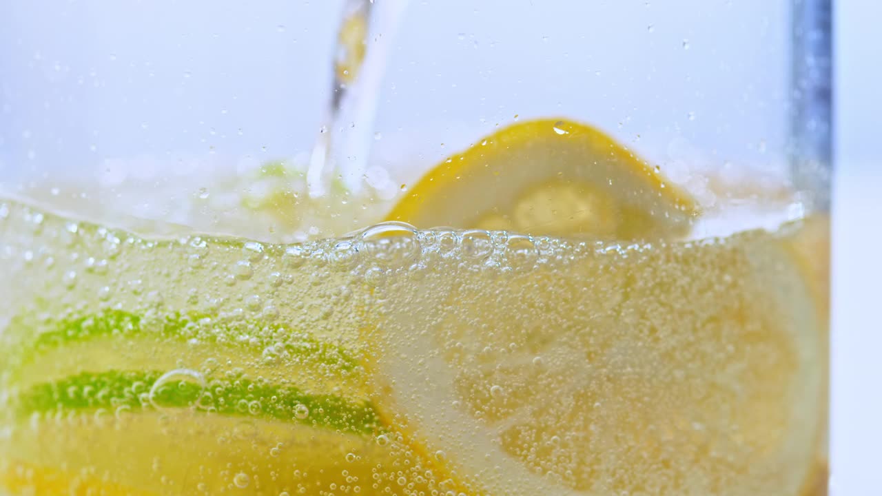 将苏打水倒入装有柠檬和酸橙片的玻璃杯中视频下载