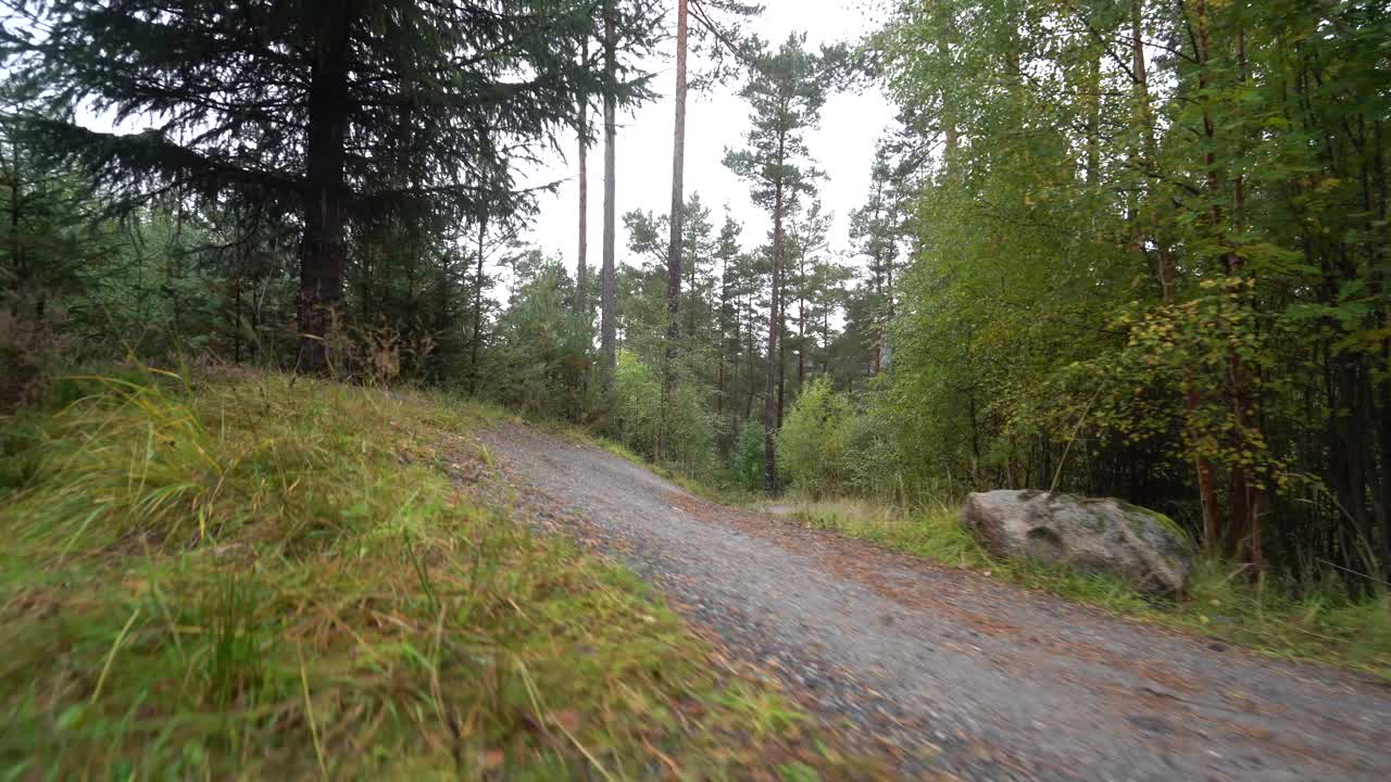 两名山地自行车手在森林自行车道的拐角处超速行驶视频素材