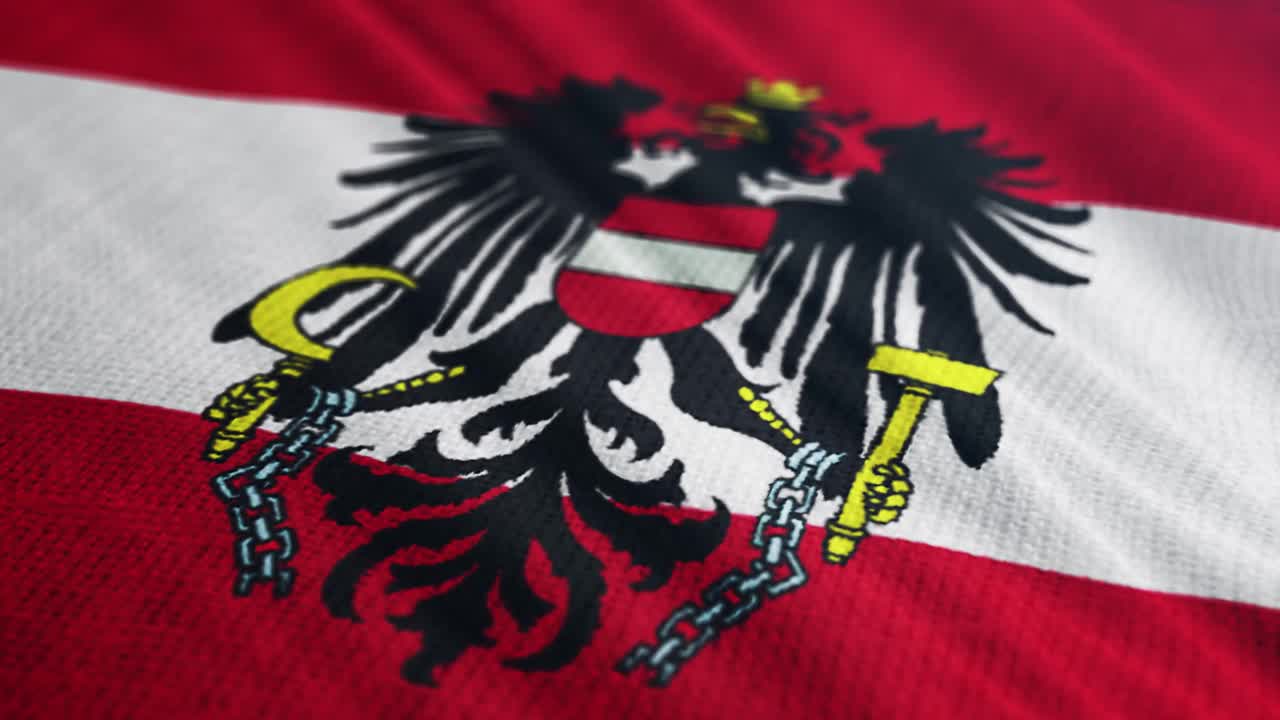 奥地利国旗飘扬的3D插图。民族符号在织物上的三维渲染，充分透视。视频下载