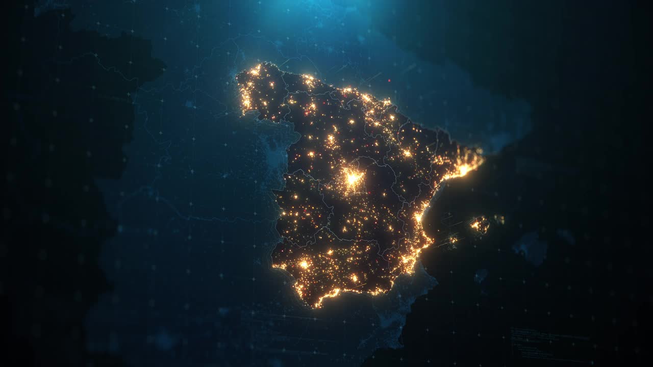 西班牙城市灯光照明的夜晚地图视频下载