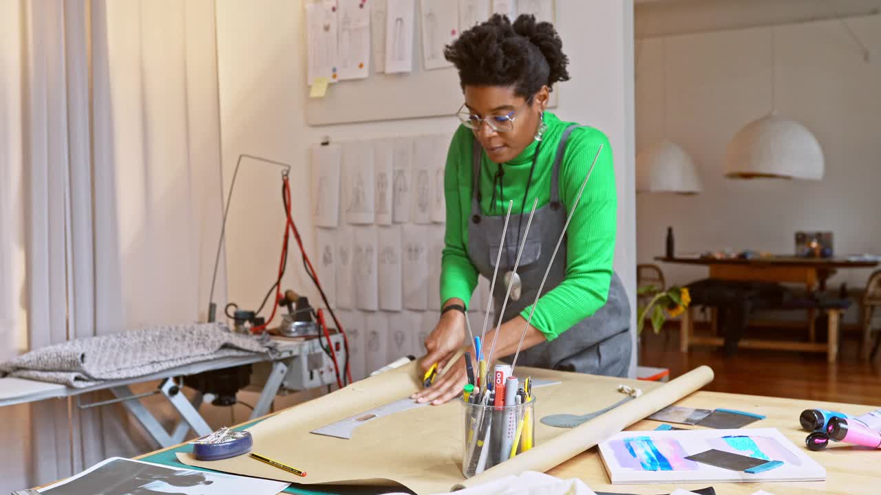 女人在客厅里用尺子剪纸，做手工视频素材