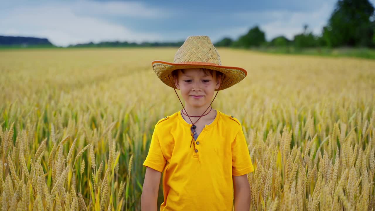 田野上一个小农夫的肖像。健康的男孩戴着草帽，穿着黄色的t恤，看着镜头，微笑着站在麦田的背景上。视频素材