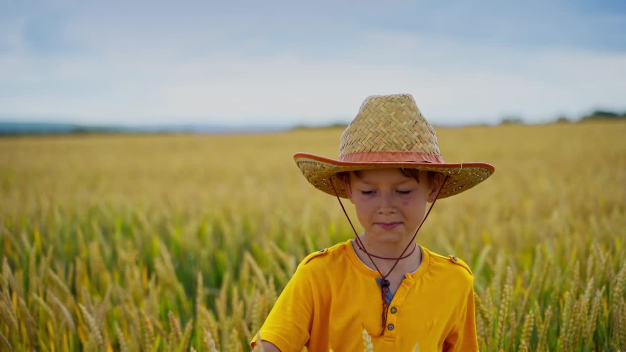 小农夫在户外。戴着草帽的快乐男孩站在麦田里看着镜头。一个孩子在农地上的肖像。视频素材
