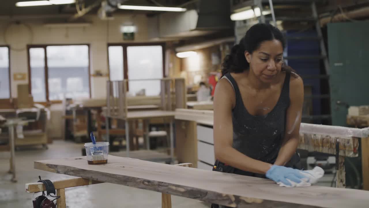 慢镜头拍摄女木匠在车间微笑着靠在木板上清洁视频下载