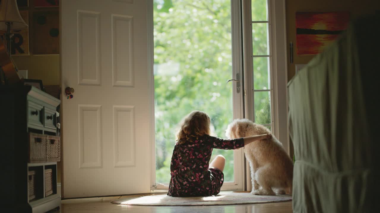 一个小女孩在前门安慰她的狗视频素材