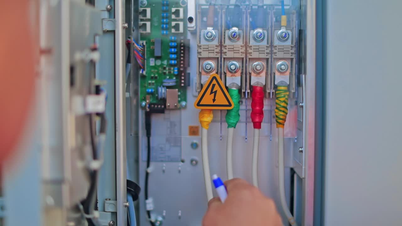 电工用手测试电流。工程师在电气柜控制中测试电力的电压和电流。视频素材