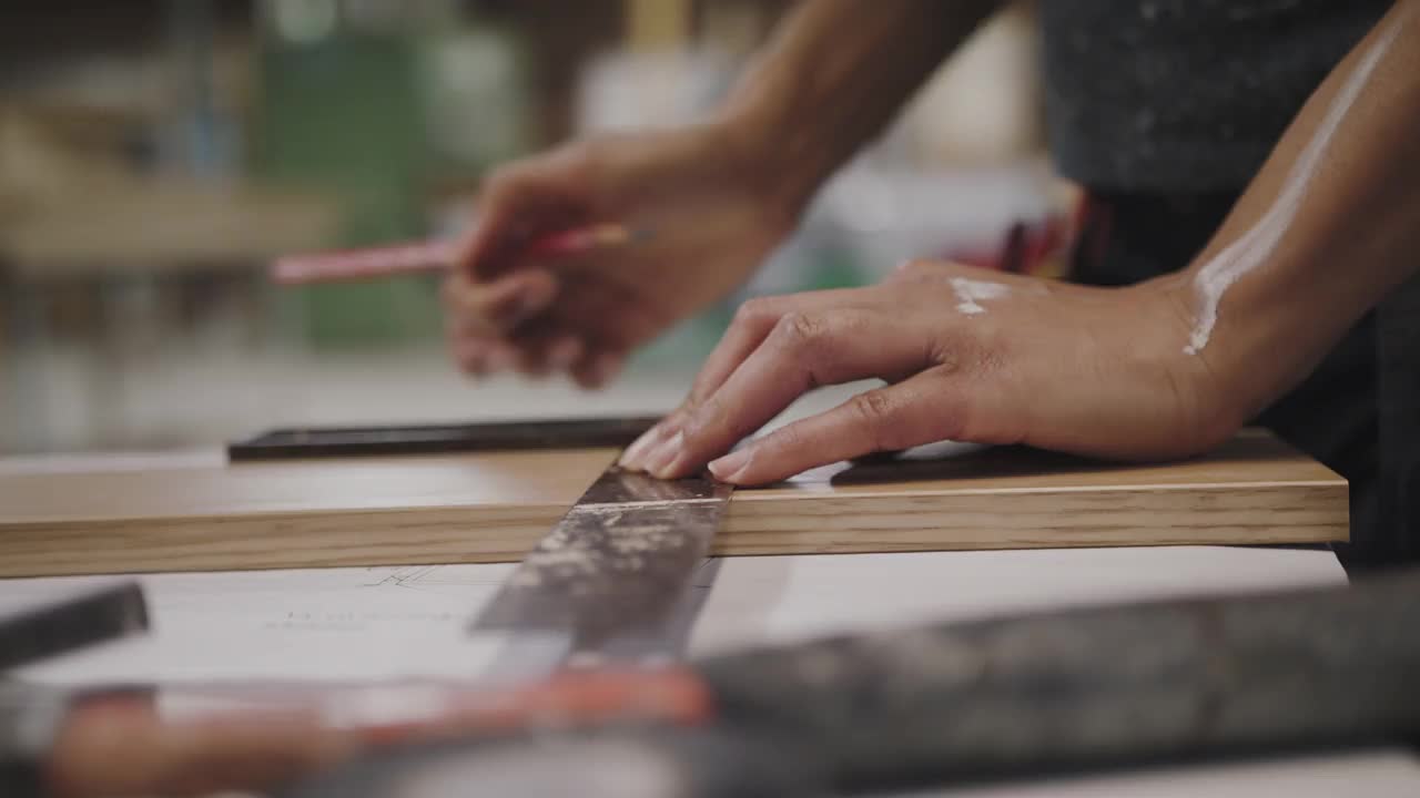 女木匠在车间用铅笔在木板上画画的手视频下载