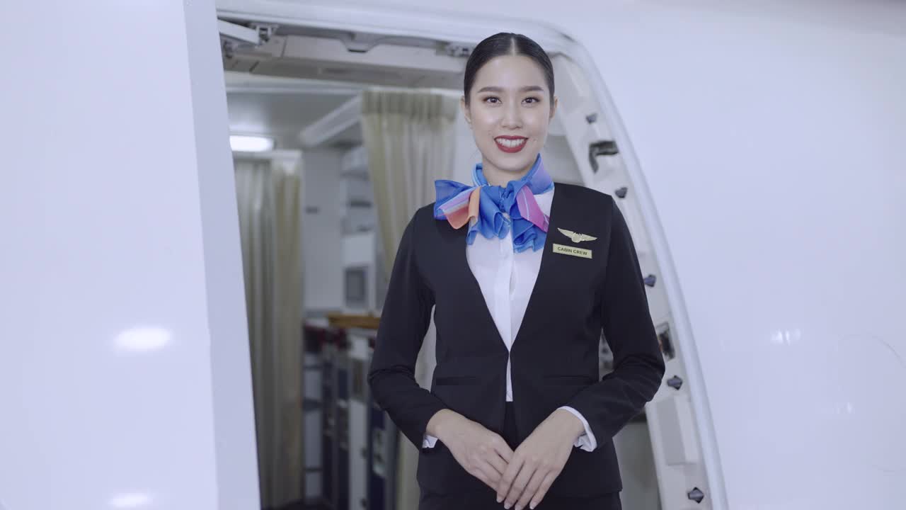 一个微笑的年轻空姐的肖像视频素材