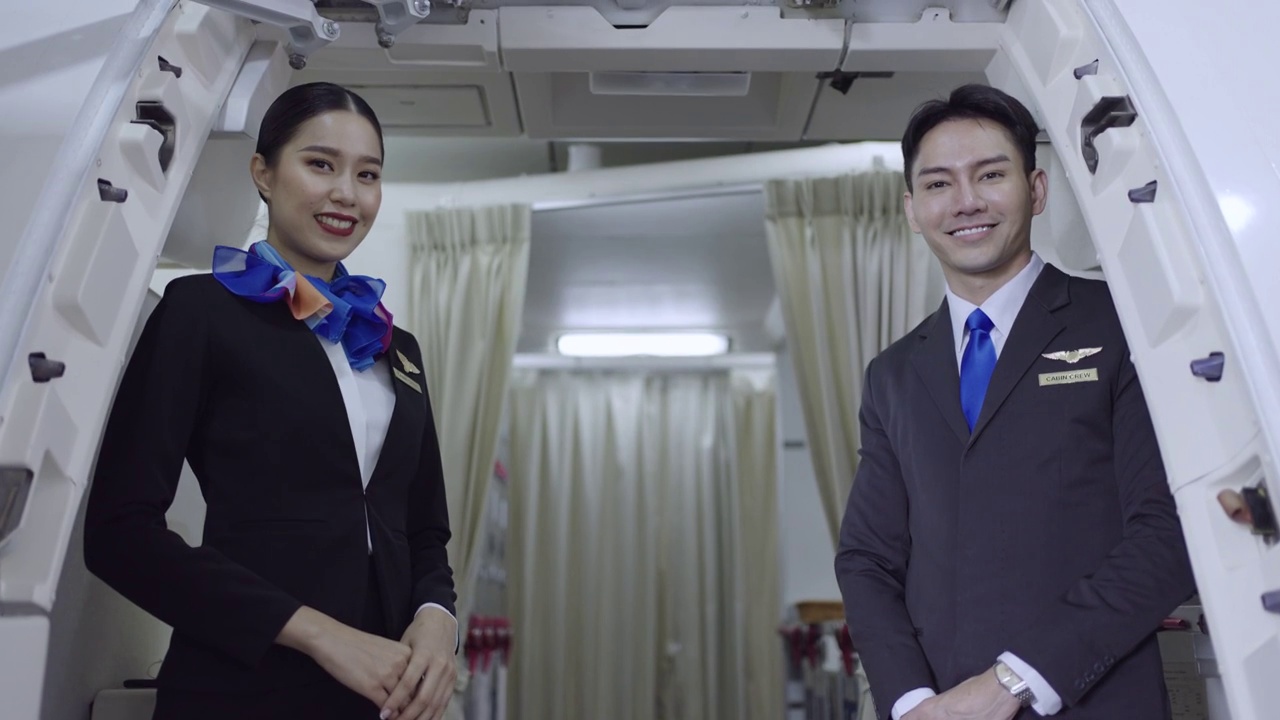 飞机上一名微笑的年轻男女乘务员的肖像视频素材
