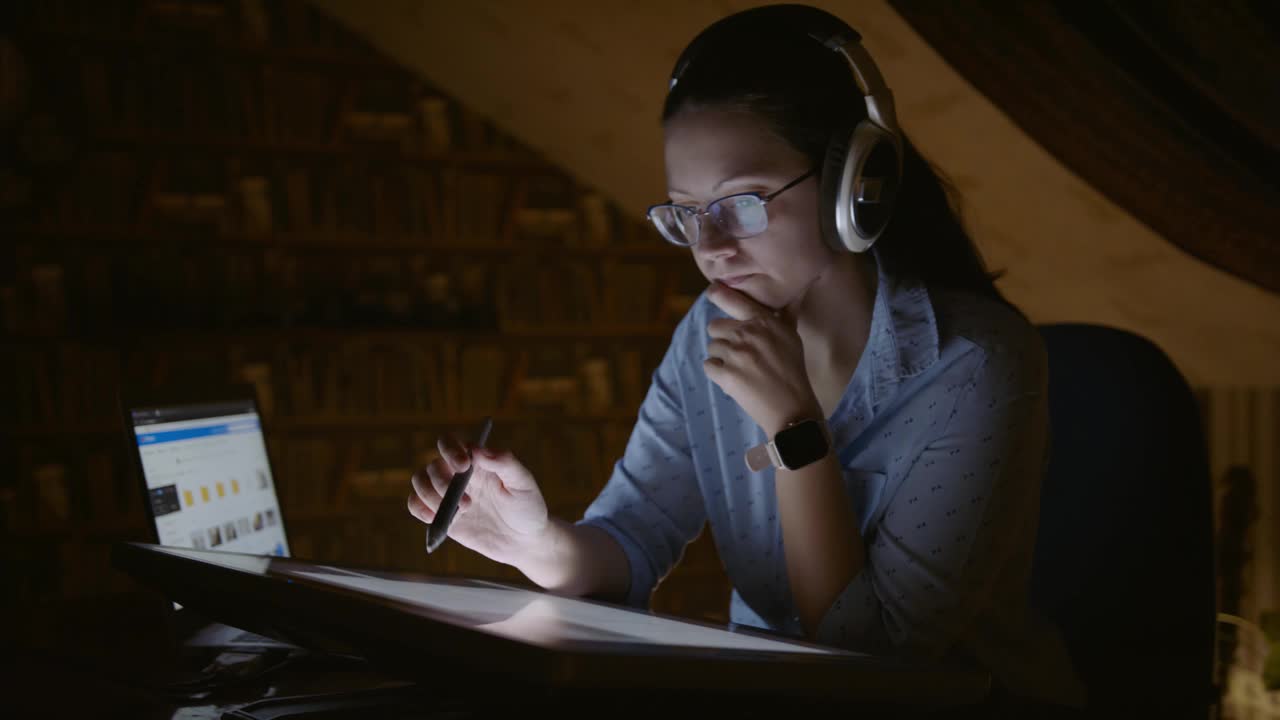 女平面设计师在暗室电脑前工作的肖像。这位年轻的女性自己工作，在平板电脑上画画，戴着耳机听音乐视频下载