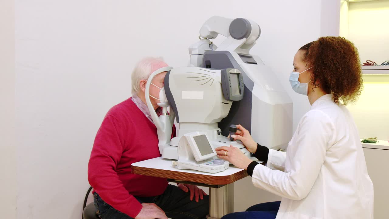 戴面罩检查老年病人眼睛的眼科医生视频素材