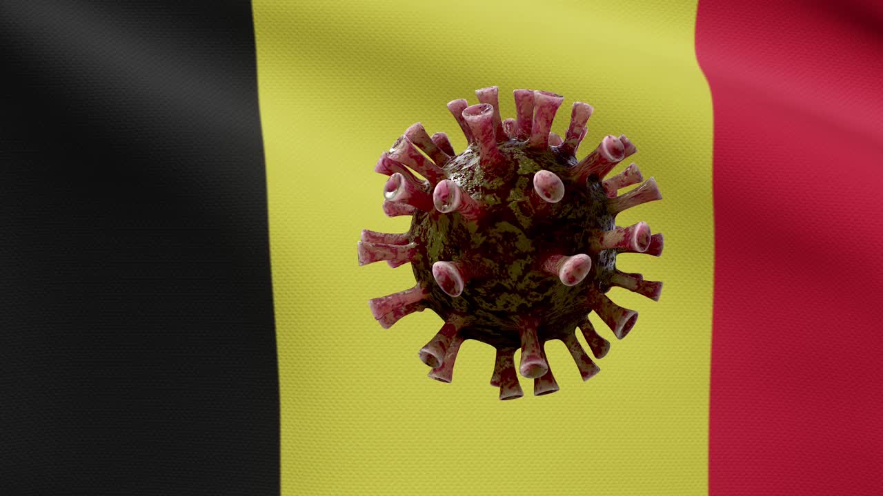 比利时国旗上的冠状病毒3D插图。比利时大流行Covid - 19视频下载